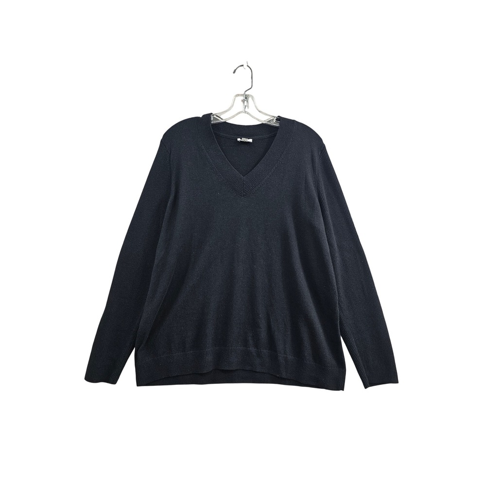 J. Jill V-Neck Sweater Women L Black Cotton Nylon Knit Ribbed Trim Pullover Top